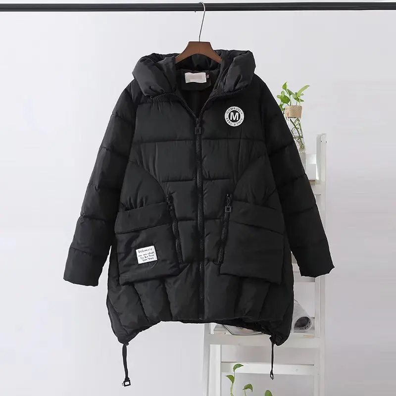 

Plus size women's jackets autumn winter 2021 hooded zipper drawstring parkas coats black Mid-length A-line Women's outerwear