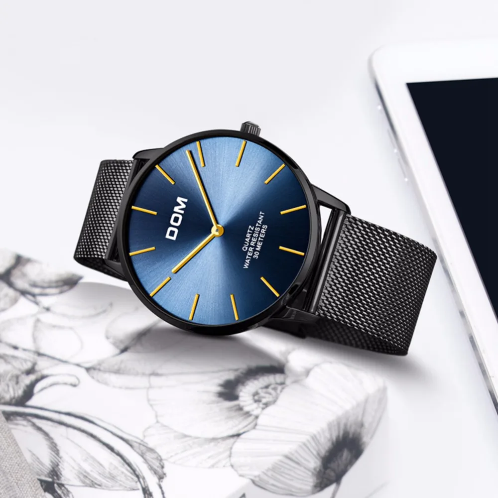 Часы DOM Мужские кварцевые с сетчатым браслетом брендовые люксовые повседневные