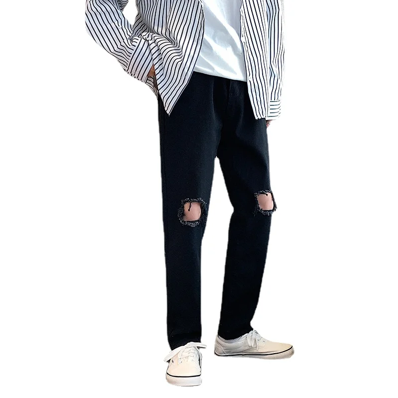 

2021 Summer Ripped Jeans Men's Solid Color Pants Straight Leg Slacks Trend