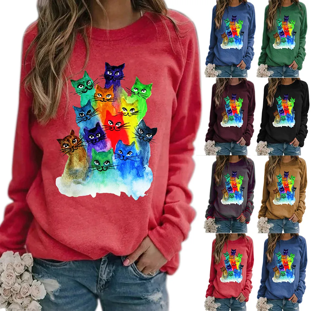 

Женский Повседневный пуловер с длинными рукавами и вырезом лодочкой, с принтом кота, джемпер, туника, топы, женские топы с принтом, пуловер, в...