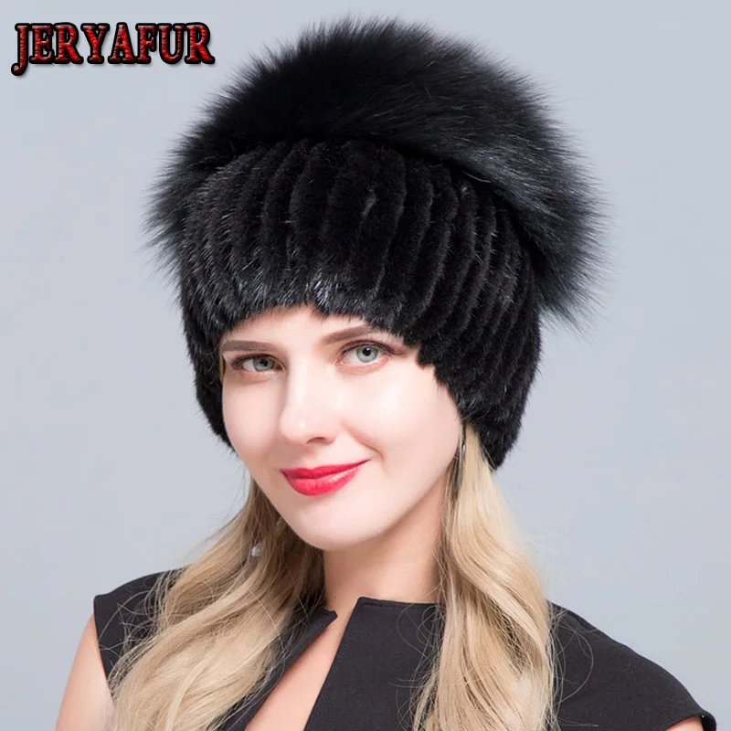 

JERYAFUR Double Warm Real Natural Mink Fur Hat Female Mix Color Sliver Fox Fur Women Winter Hats Double Pompom Luxury Beanies