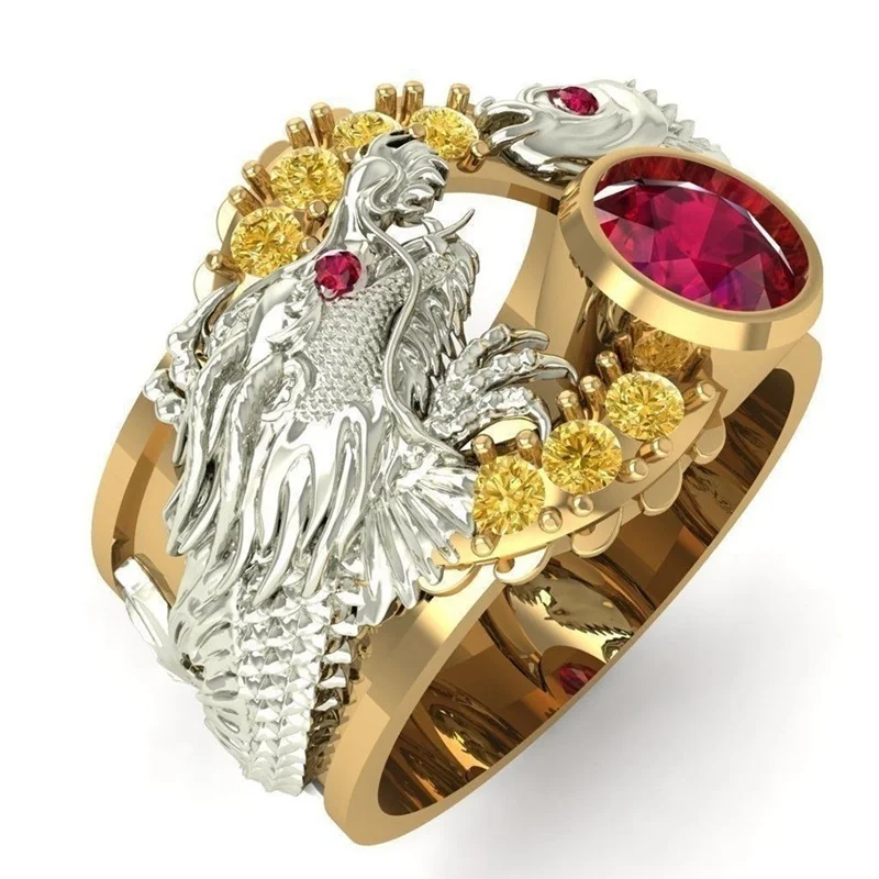 Vintage Punk Dragon Rings For Men Gothic Metal Two-tone Red Zircon Stone Steampunk Rings Women Jewelry
