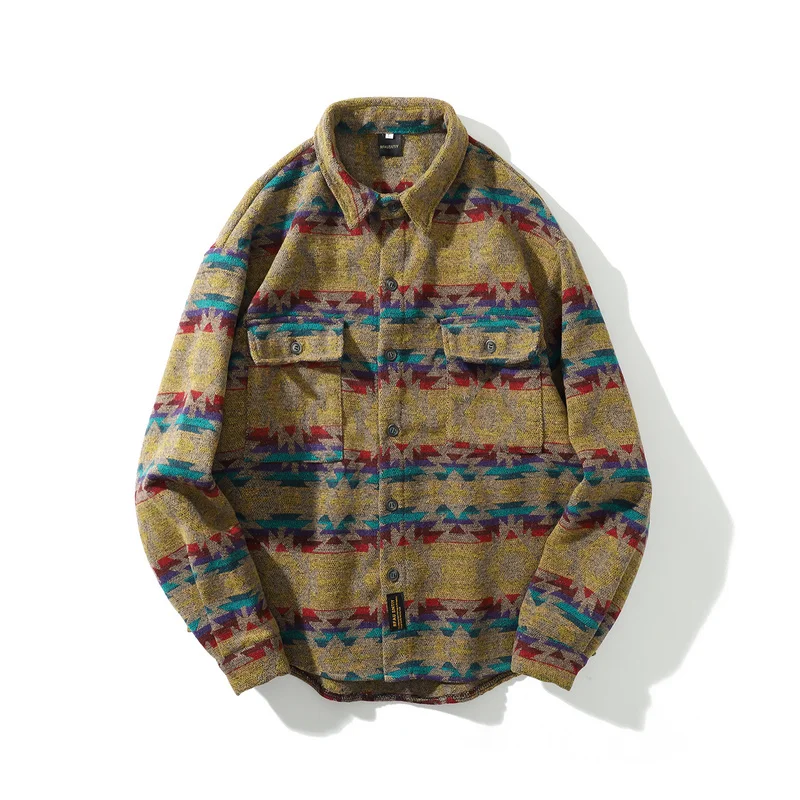 

Winter Autumn Thicken Flannel Woolen Shirt Men Streetwear Vintage Folk-custom Pattern Fashion Long Sleeve Casual Hip Hop Shirts