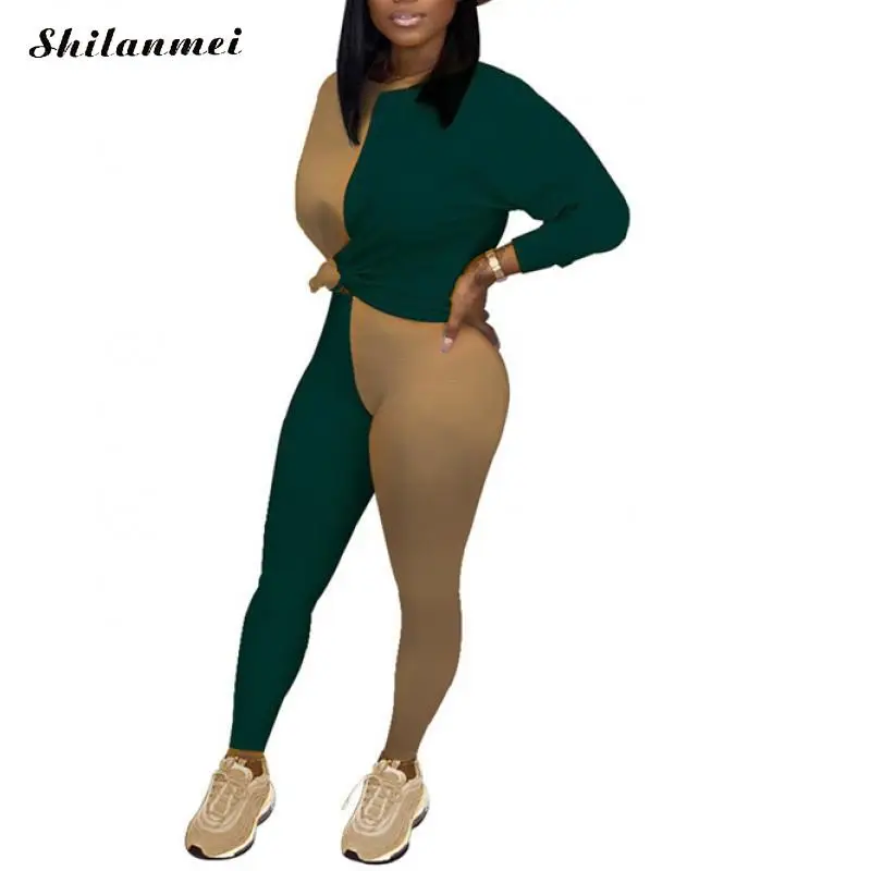 

Women Plus Size Casual Sets Two Piece Tracksuit Sets Long Sleeve Color Block Crop Top Leggings Pants Suits Street Female Outfit