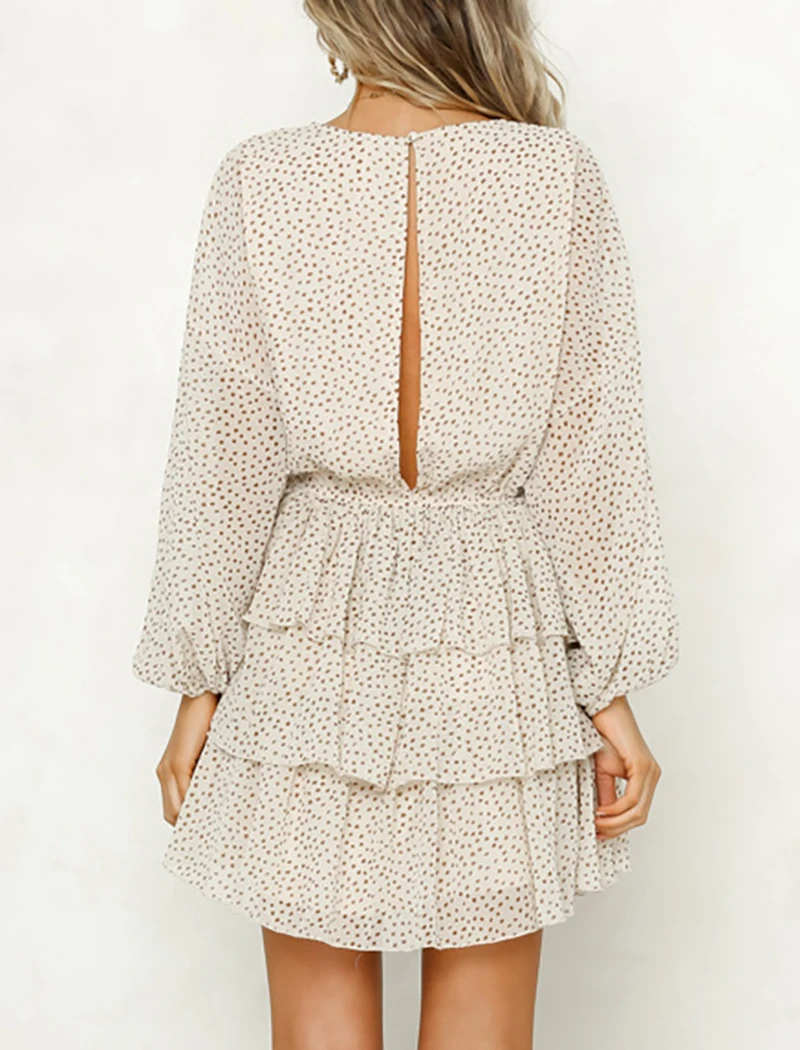

OSLLENLLA Dot Print Mini Dress Women Puff Sleeve Summer Back Hollow Out Ruffle Party Dresses O Neck Long Sleeve Boho Sundress