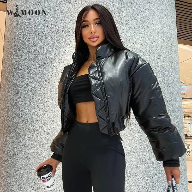 

Zipper Cotton Padded Jackets Women 2021 Autumn Winter Black White Stylish Simple Thick Warm Parkas Outerwear Casual Short Coats