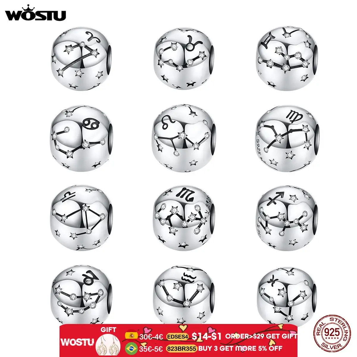 Бисер WOSTU из стерлингового серебра 925 пробы 12 Созвездие Овна с фианитами подходит