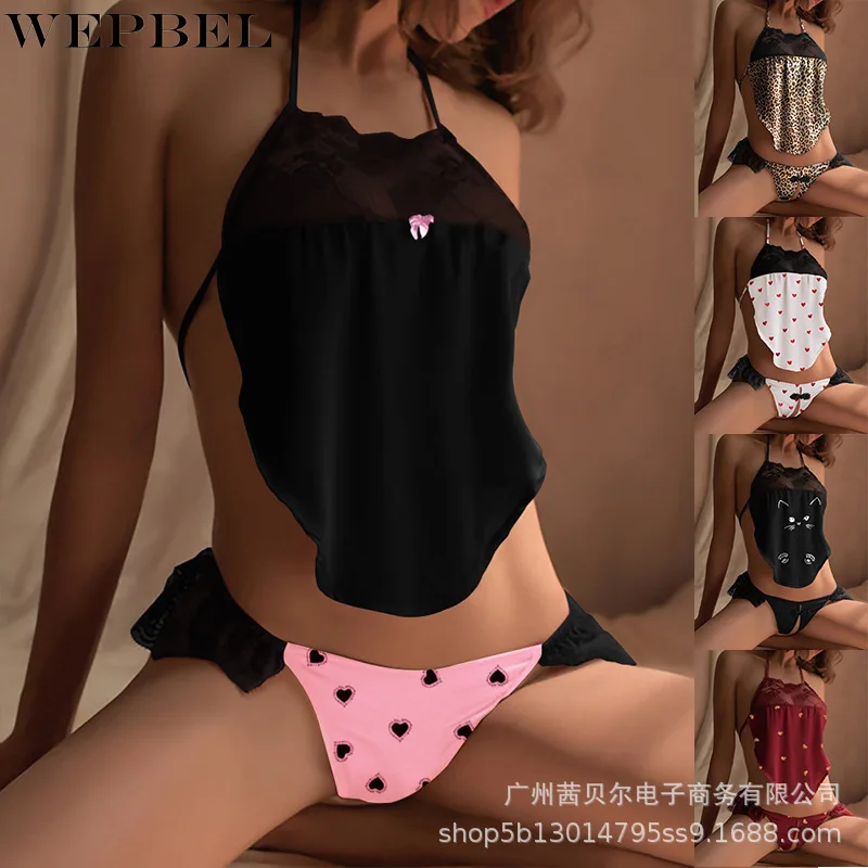 

WEPBEL Women's Sexy Lace Stitching Printing Suit Fashion Bandage Split Temptation Panties + Halter Lace-up Underwear Set