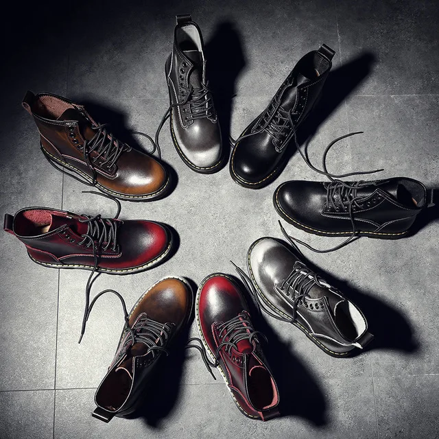 

Men's shoes Spring and autumn flat heel lovers middle class cowhide Martin boots round head snow boots red viscose shoes fashion