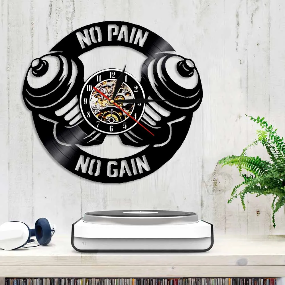 Тренажерный Зал Настенные часы тренировки гантели силуэт виниловая Запись без