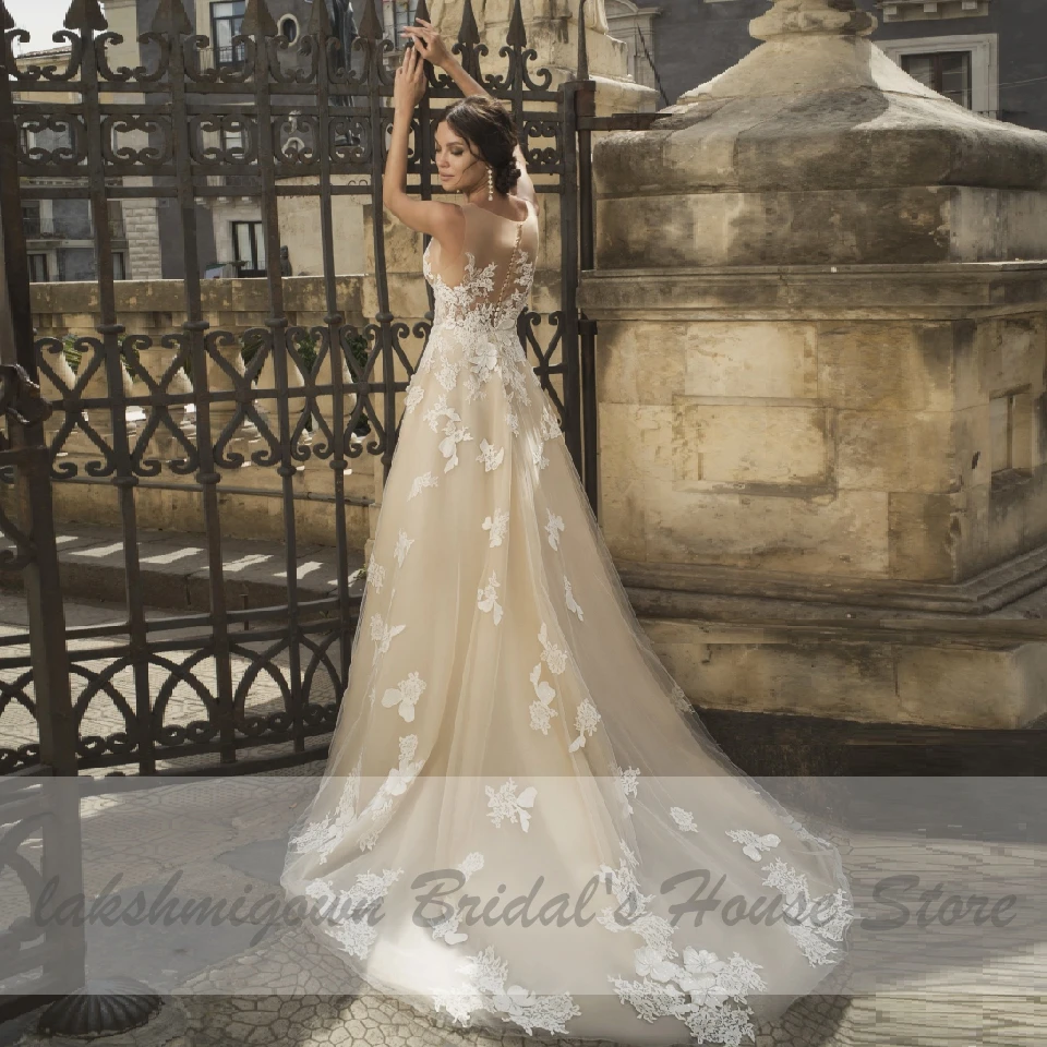 

Lakshmigown Simple A Line Wedding Dress Light Champagne 2020 Sexy Bridal Dress See Through Lace Appliques Boho Wedding Gowns
