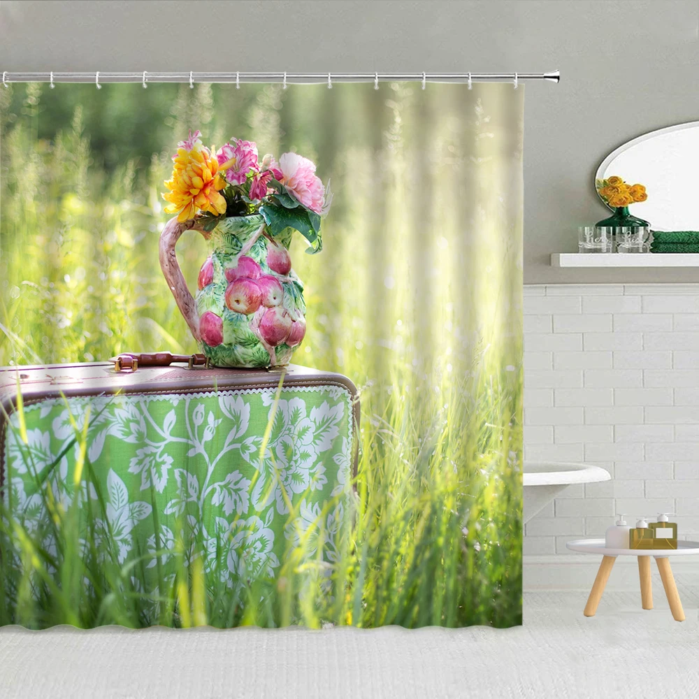 

Flower Arrangement Art Shower Curtain Simple Creative Floral Polyester Fabric Bathroom Supplies With Hooks Cloth Curtains Decor