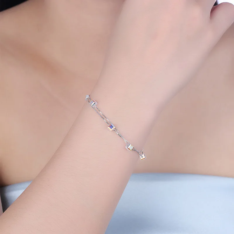 Sugar Cube Crystal Double Layer Bracelets Real 925 Sterling Silver Charm Fine Jewelry Romantic Accessories | Украшения и