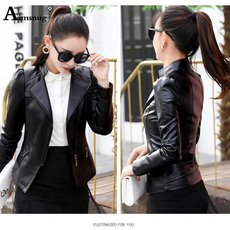 Aimsnug Faux Pu Leather Jacket Women Red Black 2019 Autumn Outerwear Pockets Zipper Office Lady Coat Slim Ladies Biker Jackets enlarge