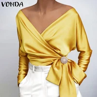 vonda 2021 women fashion blouse elegant solid color v neck tops sexy party shirts autumn long sleeve blouse blusas femininas