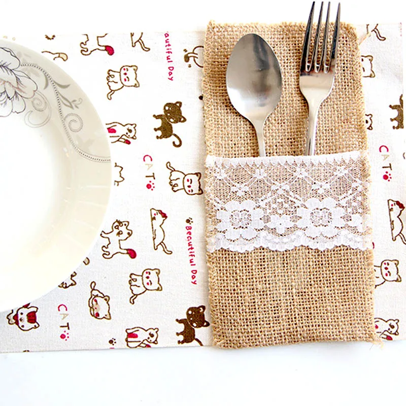 Вилки для ножей из Сумка посуды джутовой мешковины лента с кружевом винтажные