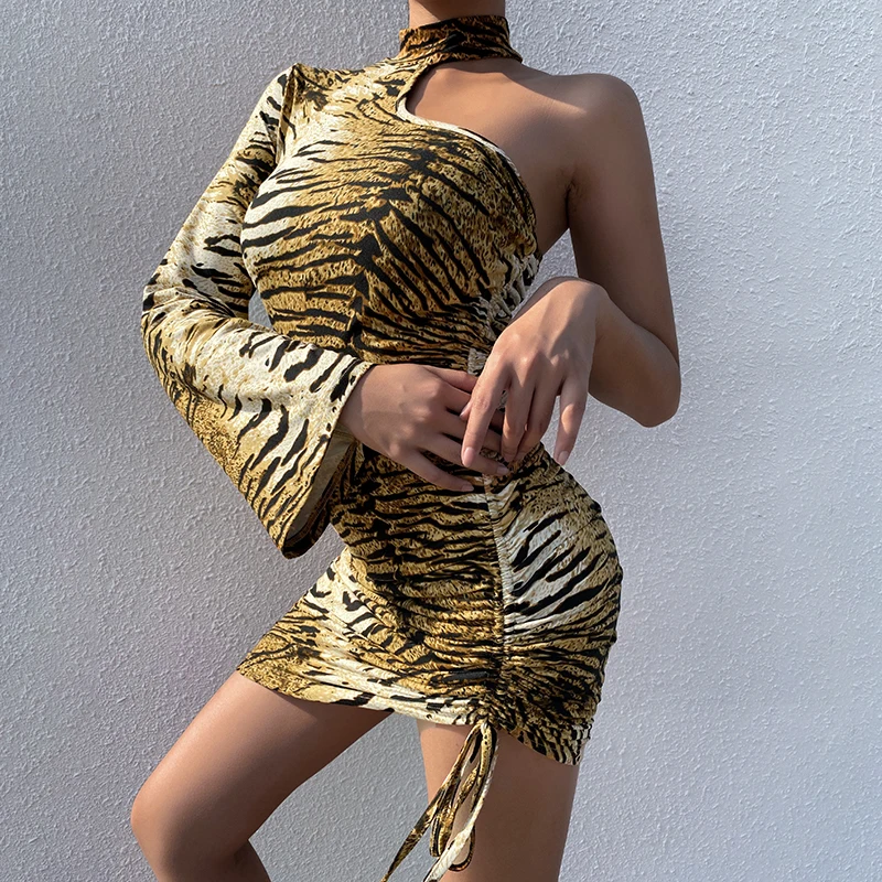 

Linglewei New Spring and Summer Women's Dress Tiger stripe Drawstring Single shoulder fashion pagoda sleeve Leisure sexy