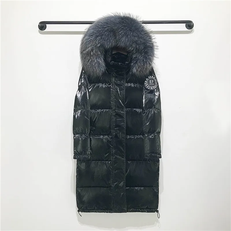 black coat grey fur Большой воротник из натурального меха енота,, зимняя куртка с капюшоном, Женская длинная парка на белом утином пуху, пальто, женская Свободная Толстая теплая верхняя одежда - Цвет: black coat grey fur