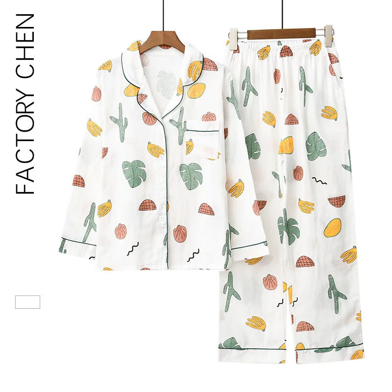 

2020 Весенняя Осенняя Пижама женская дышащая двухслойная пряжа из 100% хлопка с отворотом и длинным рукавом простая свежая одежда для сна