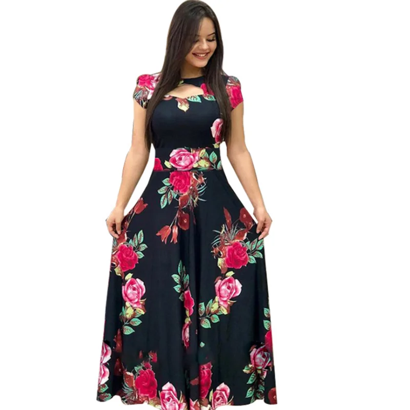 

Elegant Summer Women's Dress Casual Bohemia Flower Print Maxi Dresses Fashion Hollow Out Tunic Vestidos Dresses