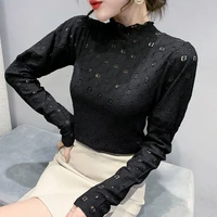 womens half turtleneck black long sleeved t shirt autumn new retro lace hollow slim fit western style slimming undershirt