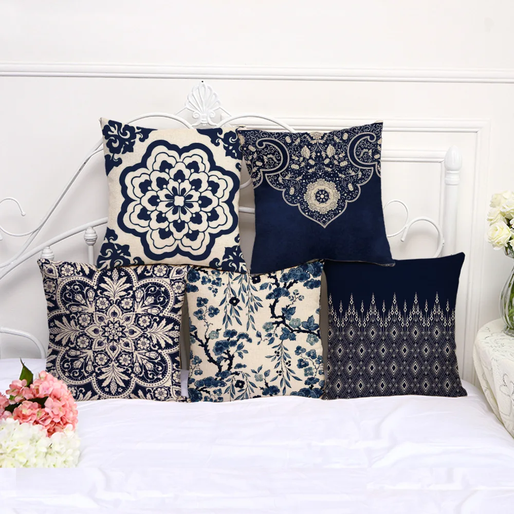 

Бархатный Чехол для подушки 45x45 см, чехол для подушки, синий, белый чехол для подушки в стиле ретро с цветочным принтом, чехол для подушки для ...