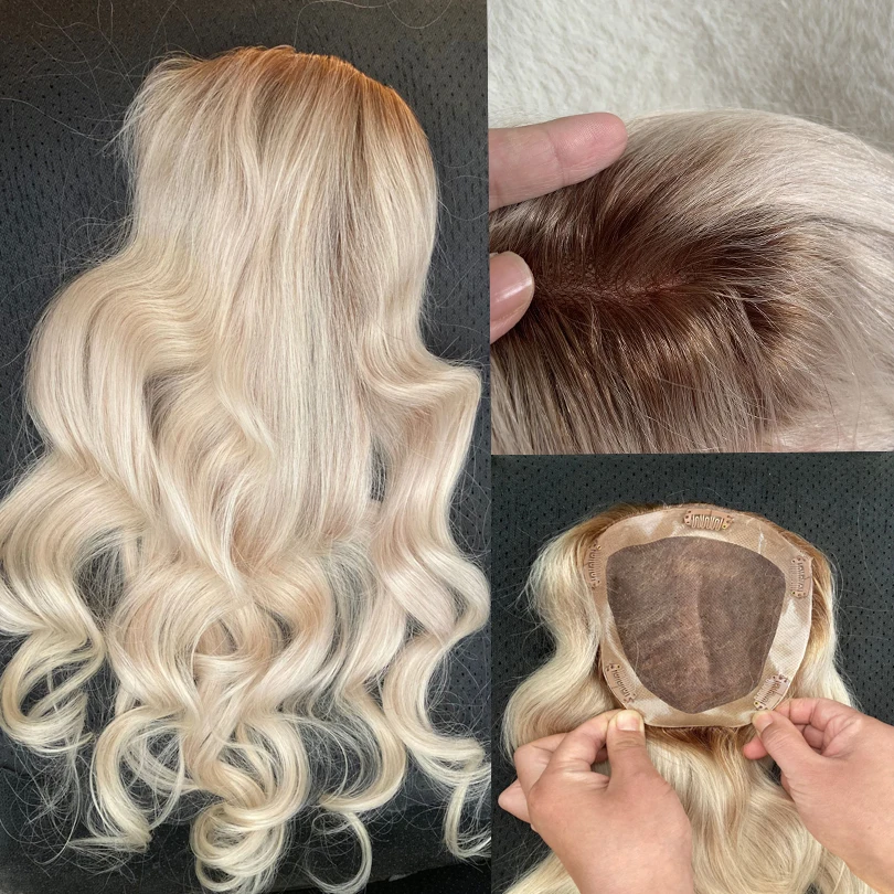 Омбре блонд 613 Топпер волна Remy человеческие волосы дышащая моно сетка с зажимом