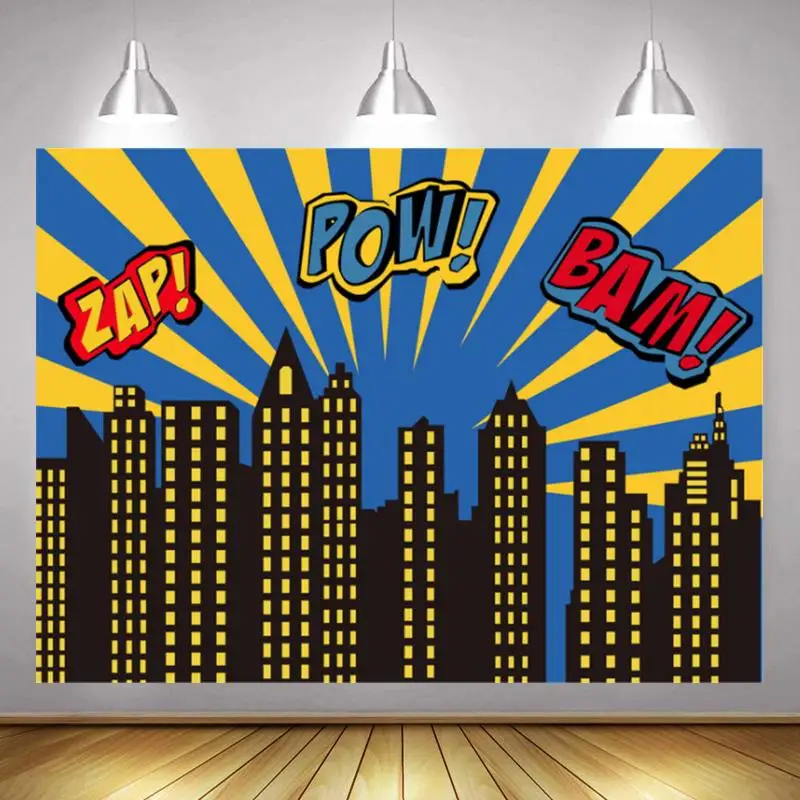 

Фон для студийной фотосъемки с изображением мультяшного города супергероев, украшение 3D для детей, цифровой тканевый фон для фотосъемки