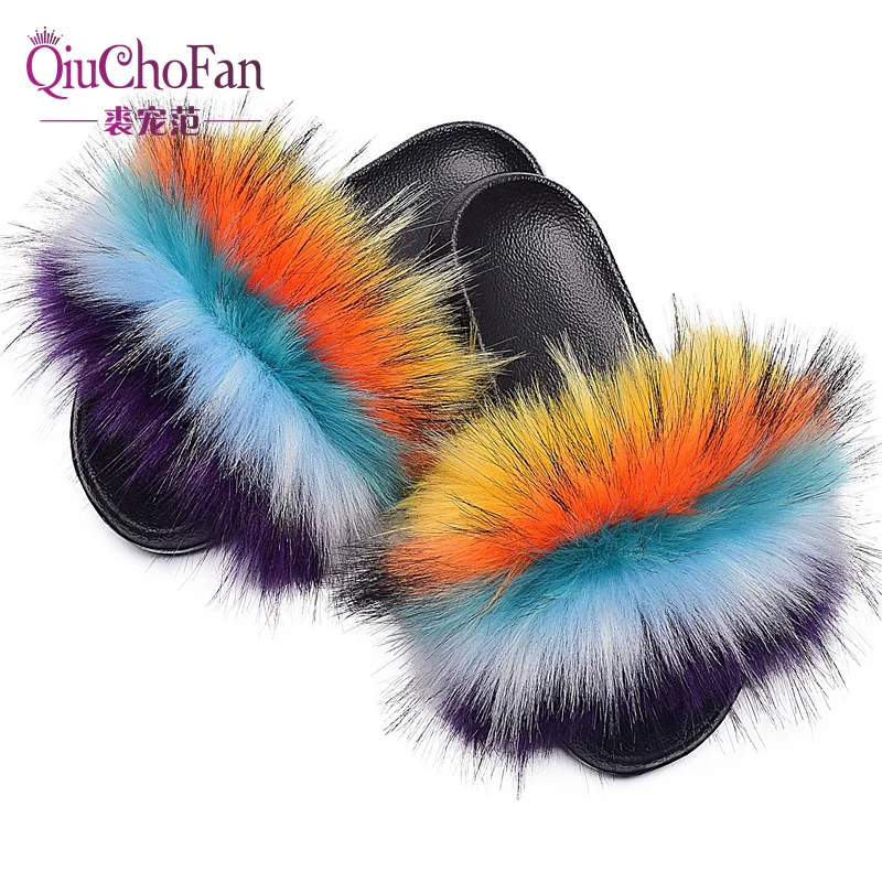 

Summer Ladies Fur Slides Faux Raccoon Fur Slippers Fashion Faux Raccoon Fur Flip Flops Cute Sandals Plush Women Home Furry Shoes