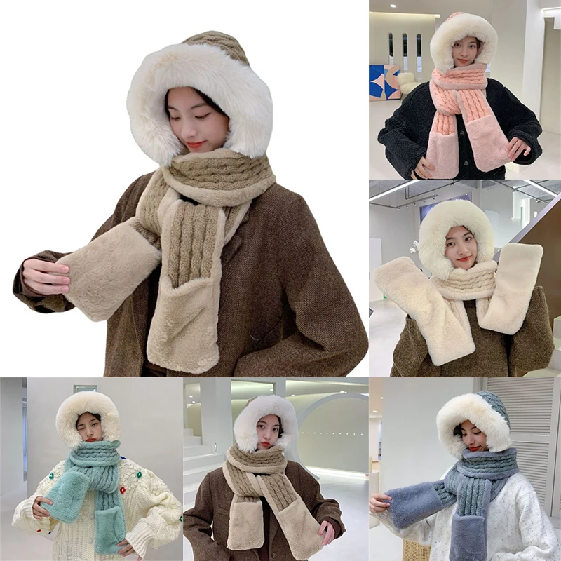 

3 in 1 Hooded Cap Women Thick Fleece Faux Fur Earflap Hat Long Scarf Gloves Set Pure Color Knitted Soft Warm For Her Gift