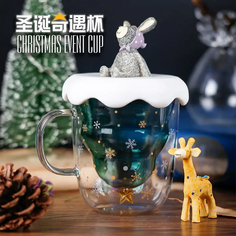 

Термостойкая стеклянная двухслойная чашка, чашка для рождественской елки со звездами и пожеланиями, стеклянная чашка с ручкой для коктейле...