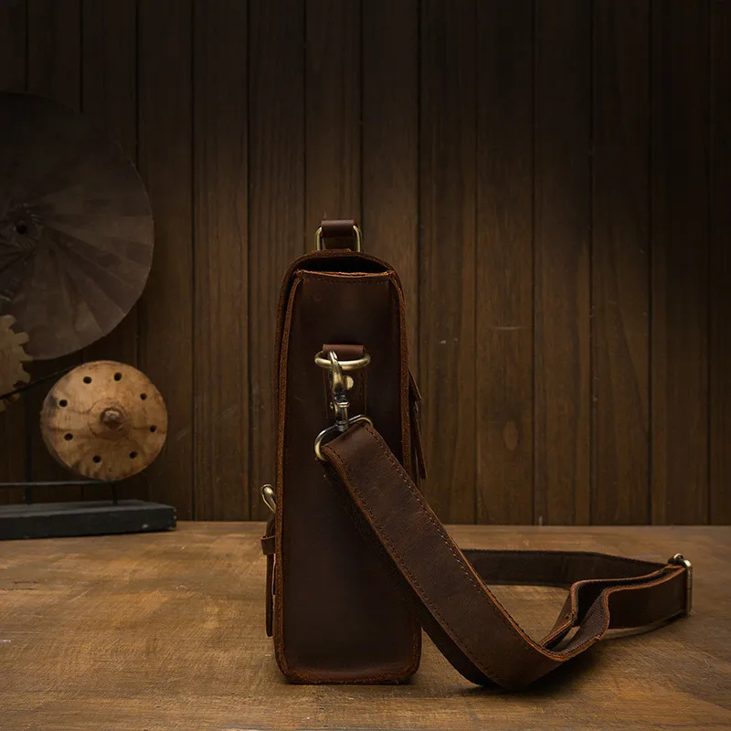 Vintage crazy horse cowhide men's briefcase business casual high-quality natural genuine leather laptop shoulder messenger bag