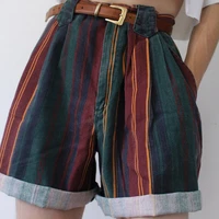 women vintage striped shorts pant lady high waist crimping slim short pant girl streetwear female stripe students fashion short