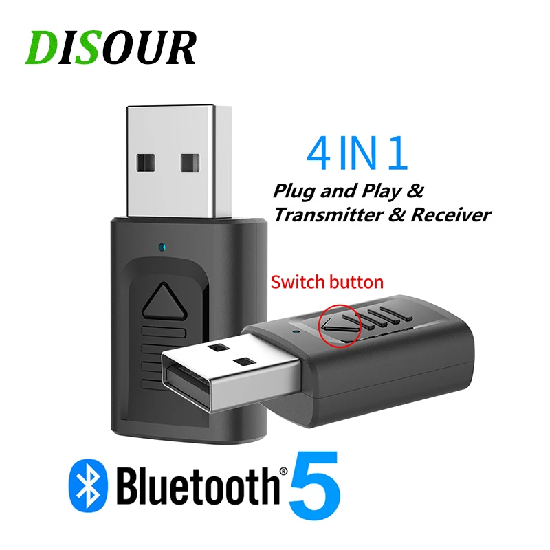 

DISOUR USB BT 5.0 Audio Receiver Transmitter 4 IN 1 Mini Stereo BT AUX RCA USB 3.5mm Jack For TV PC Car Wireless Adapter