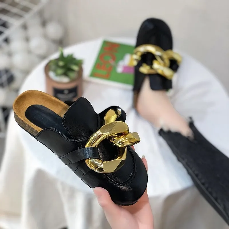 Brand Design Women Slipper Fashion Big Gold Chain Sandals Shoes Round Toe Slip On Mul Flat Heel Casual Slides Flip