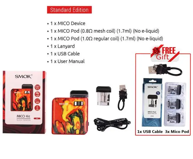 Распродажа! набор SMOK Mico, зажигалка, 700 мА/ч, батарея, электронная сигарета, анти-протекание, мини, электронная сигарета, ручка Pod, катушка VS NORD JC01 - Цвет: Red 2 Gifts