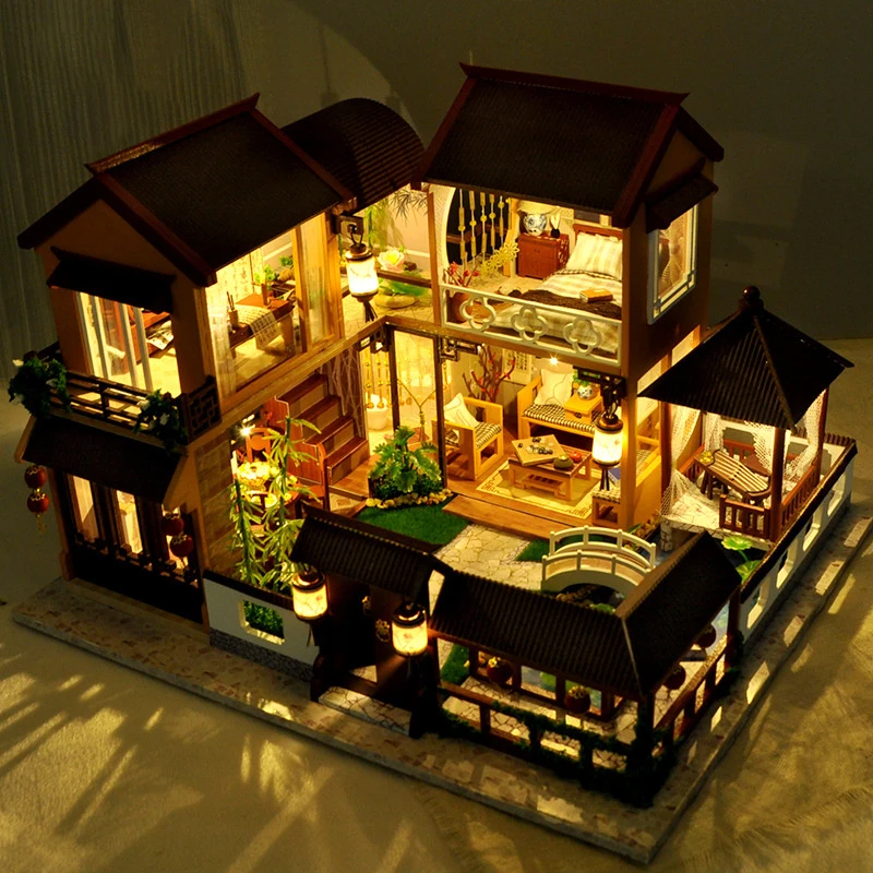 

Chinese Style Villa Series DIY Wooden Miniature Dollhouse Moonlight In Lotus Pond Furniture For Doll House Kids Birthday Gift
