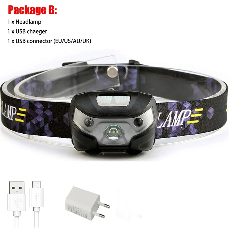Package B ZK20 дропшиппинг светодиодный налобный фонарь датчик движения тела головной светильник мини USB Перезаряжаемый светодиодный светильник-вспышка для кемпинга Велосипедный свет - Испускаемый цвет: Package B