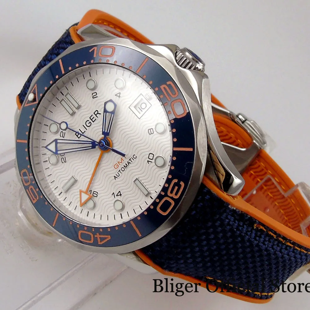 BLIGER белые мужские наручные автоматические часы GMT винтовая Корона сапфировое