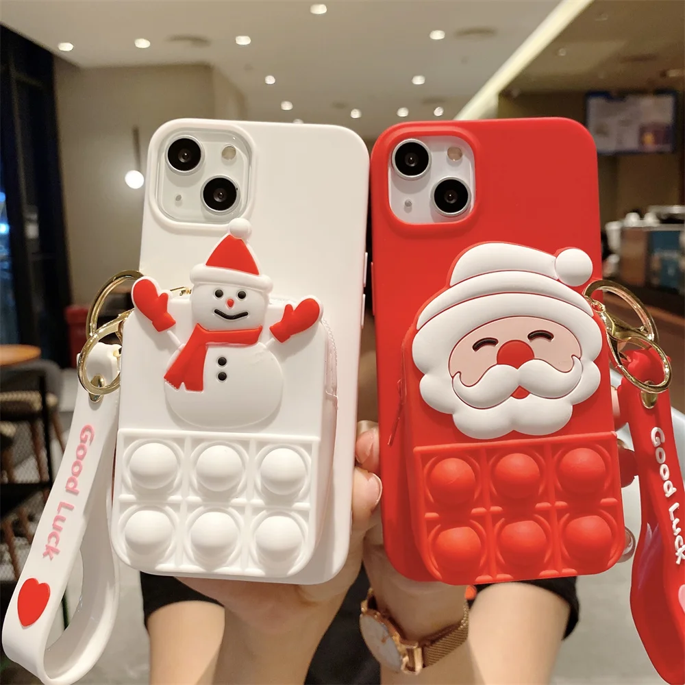 

Coin Purses Pop Cases For iPhone 13 mini 11 12 Pro X Xs Max XR 6 6s 7 8 Plus SE 2020 Cartoon Christmas Fidget Toys Bubble Cover