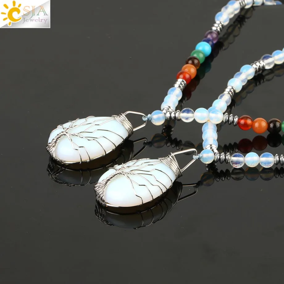 Csja 6 миллиметровый опал бисерные ожерелья Дерево жизни Wire wrap кулон 7 Исцеление чакры бисера ручной работы ювелирные изделия для женщин мужчин Collier S478