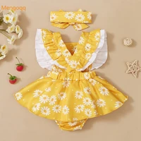 baby girls summer fly sleeve flower outfits pure cotton clothes infant jumpsuits headbands bow kids newborn bodysuits 0 24m