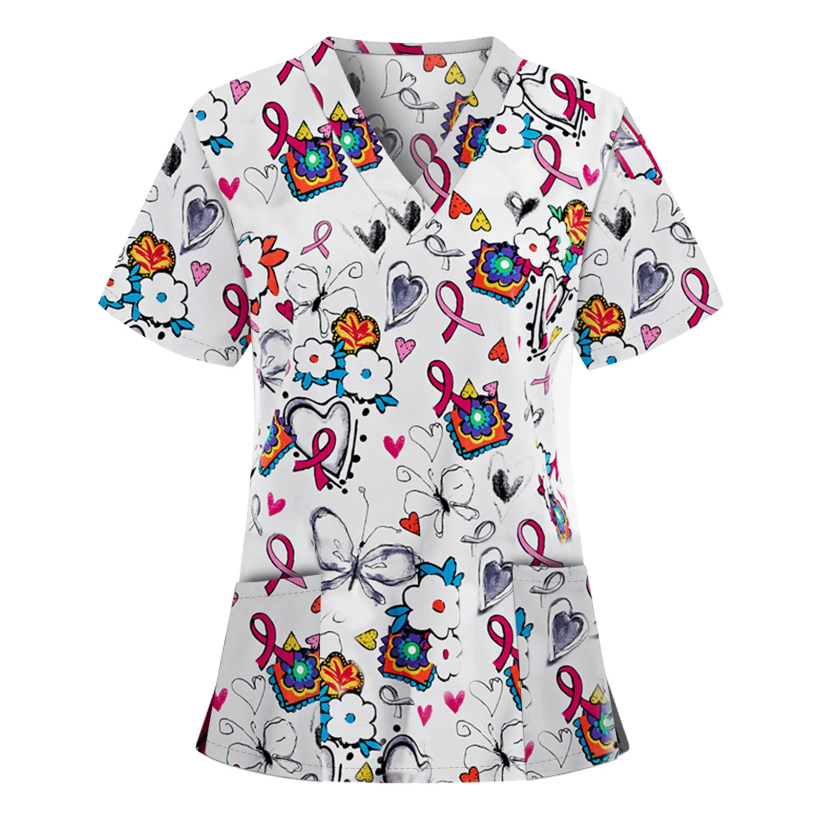 

Nurse Uniform Women Printed Short Sleeve T-Shirt Fashion Casual Ladies V-Neck Tops Top Tee Care Working Clothes Clinic Outfits