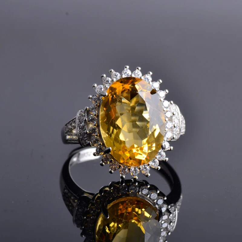 Кольца женские регулируемые из серебра 925 пробы с желтым кварцем 10 х14 мм CSJ для