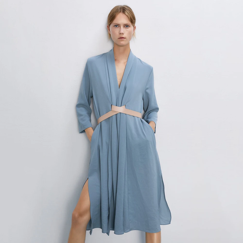 Стильное женское драпированное платье ZA с поясом 2019 v образным вырезом и длинным