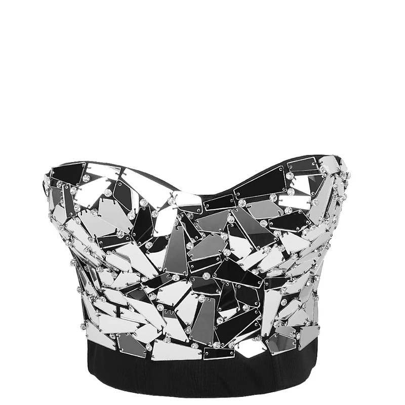Women's Sexy Glass Mirror With Rhinestone Push Up Corset Nightclub Ballroom Stage Tights Queuing Party Wear Bar DB515