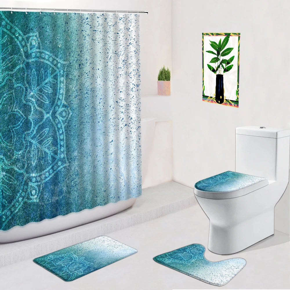 

Purple Mandala Flower Bathroom Set Shower Curtains Bohemian Ethnic-Style Non-Slip Flannel Carpet Bath Mat Toilet Cover Door Pad
