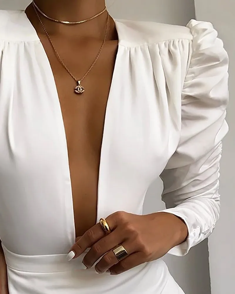 

Sexy Deep V-neck Solid White Puff Sleeve Ruched Bodycon Dress