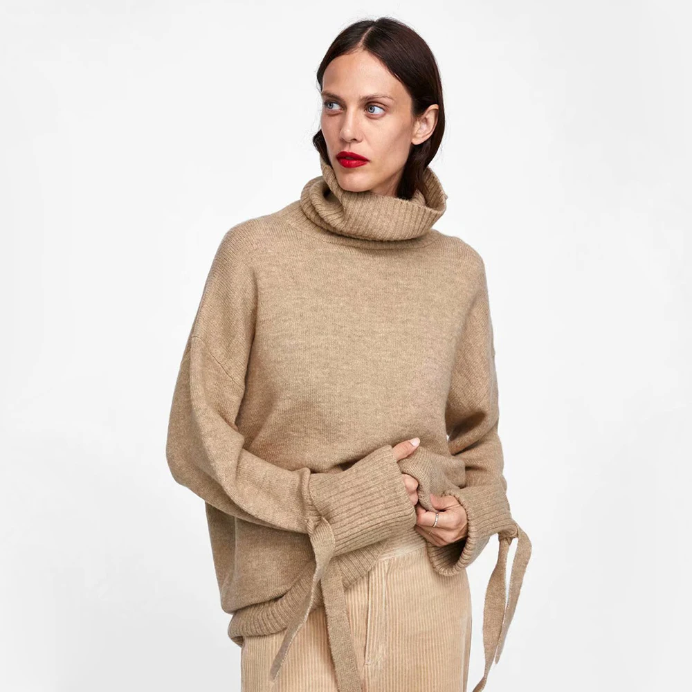 Женский Теплый вязаный свитер ZA мягкий с высоким воротником и бантом Осень-зима