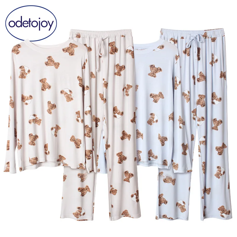 

Japanese cloth bag bear cartoon modal pajamas women spring and autumn long-sleeved trousers round neck loose large size home ser